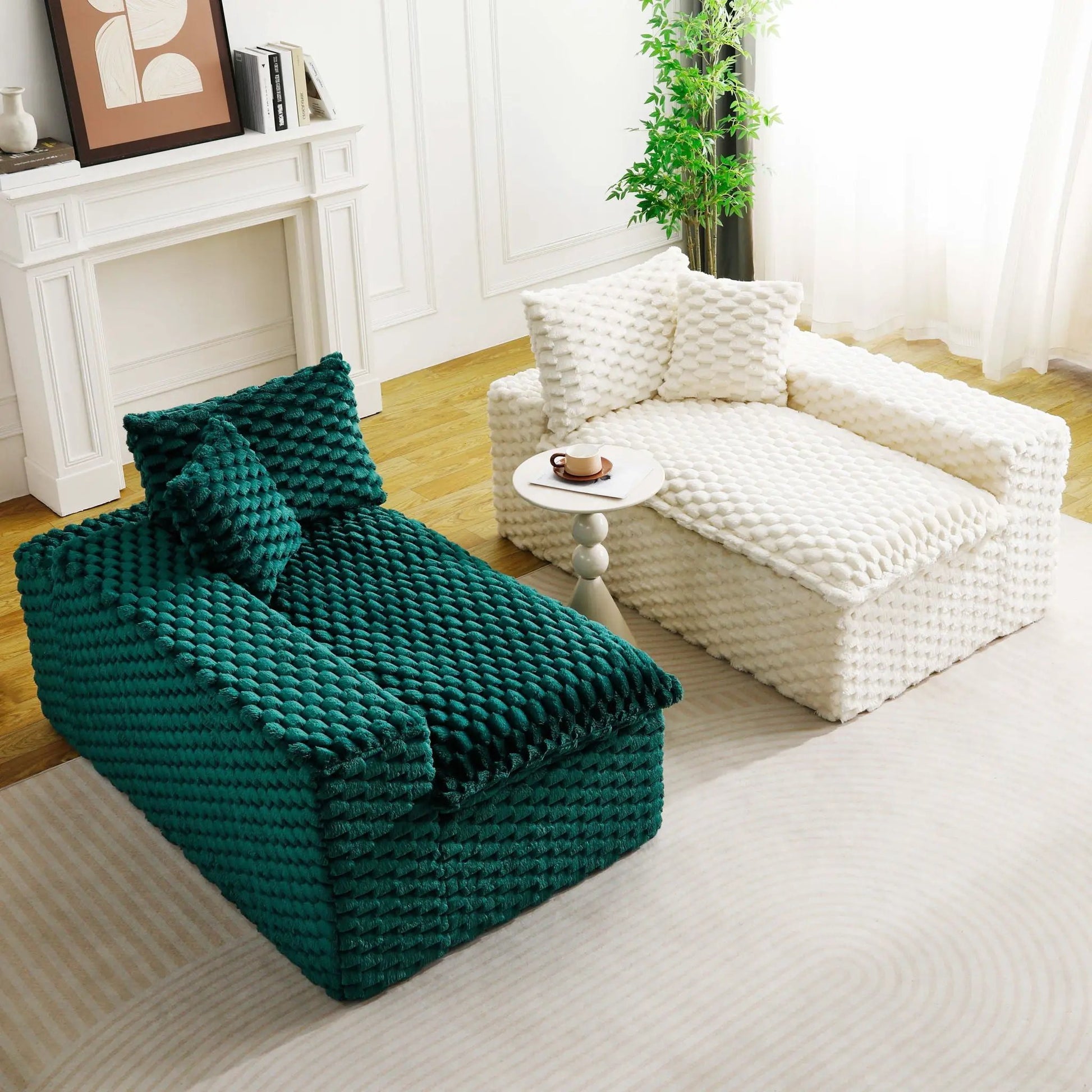 Multifunctional sofa white and teal chunky-knit set, seats 4 in a bright living room on Tampa Home & Garden Store