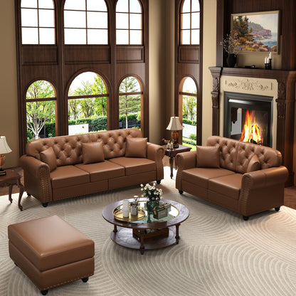 Upholstered Sofa with Nailhead and Ottoman