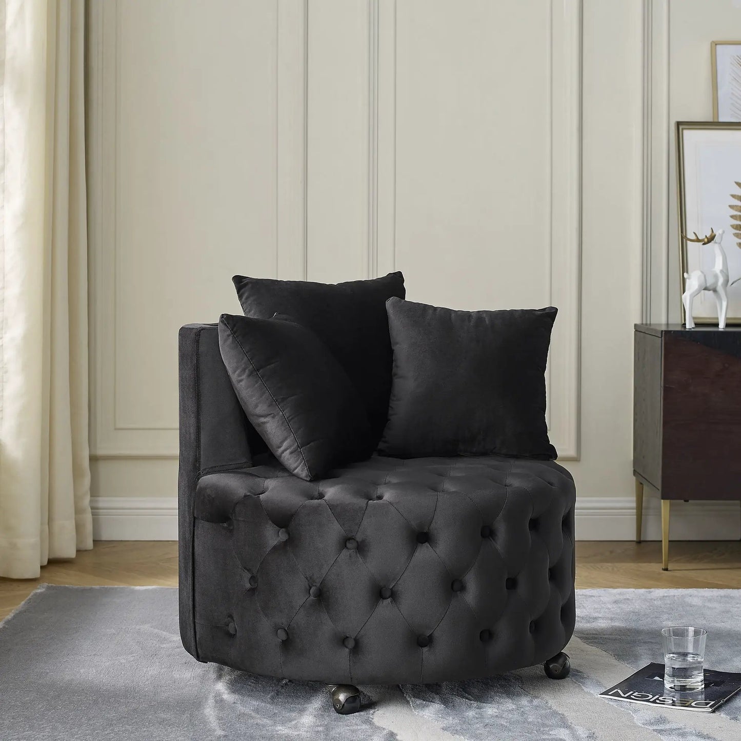 Modern Upholstered Swivel Chair with button tufting in black fabric on casters on Tampa Home & Garden Store