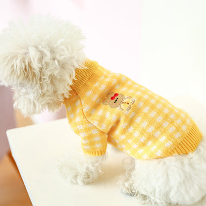Bowknot dog sweater yellow gingham knit with bear patch Pet Zen on Tampa Home & Garden Store