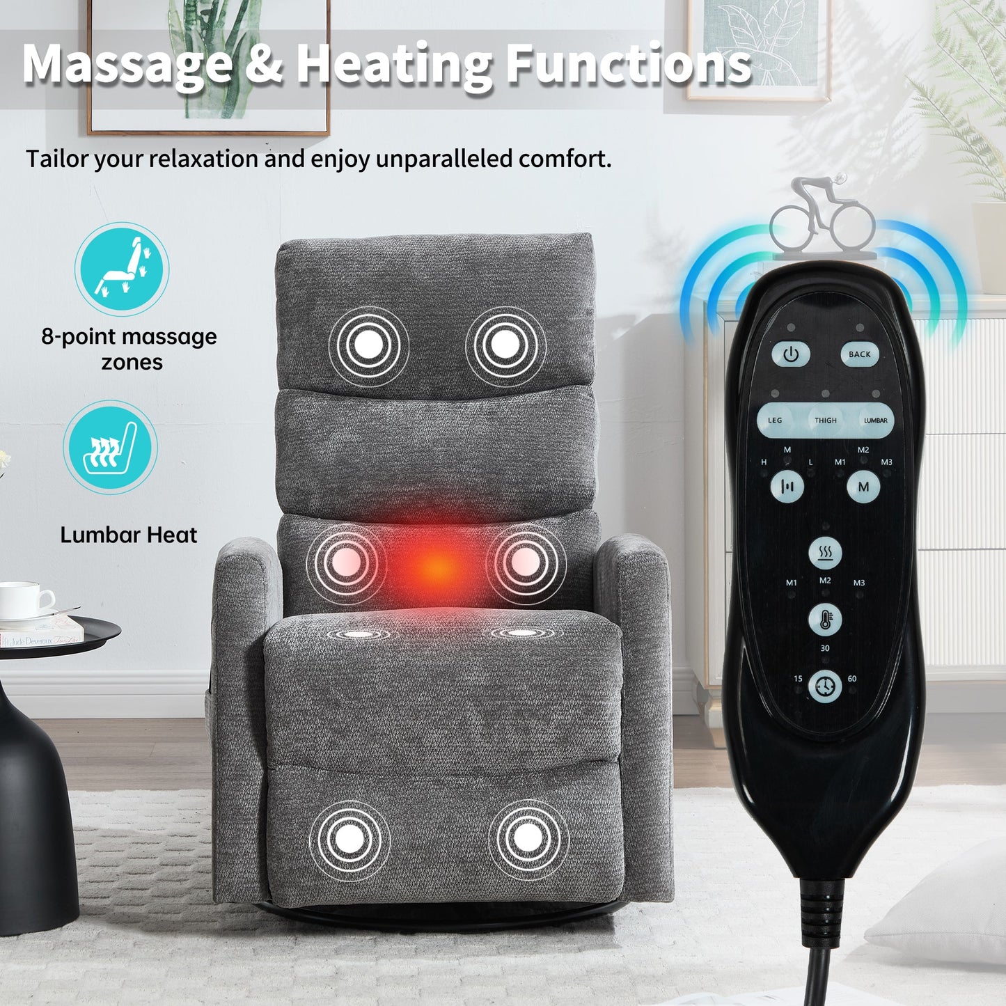 Heat Massage Recliner Chair in grey fabric with rocker and swivel 8-point massage zones on Tampa Home & Garden Store