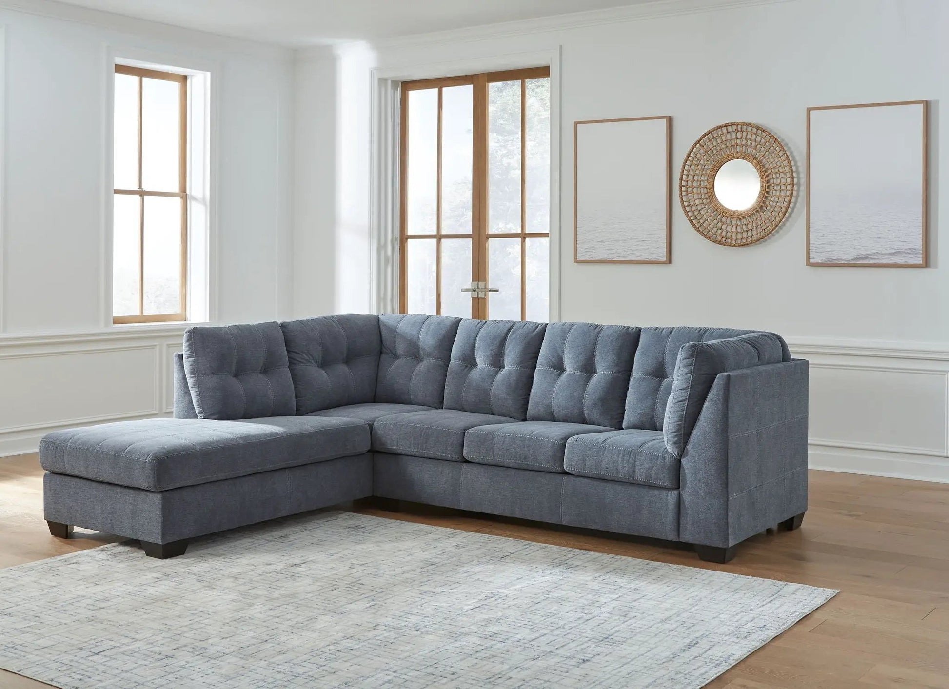Marleton stationary sectional in blue-gray fabric with tufted cushions, L-shaped with chaise on Tampa Home & Garden Store
