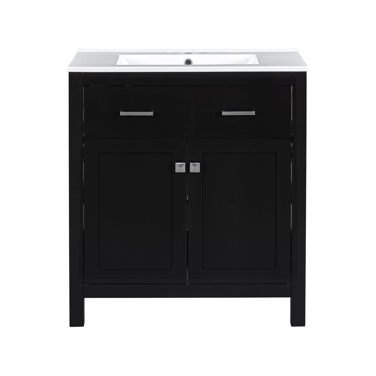 Black bathroom vanity with white ceramic sink, two-door cabinet and sleek metal handles on Tampa Home & Garden Store