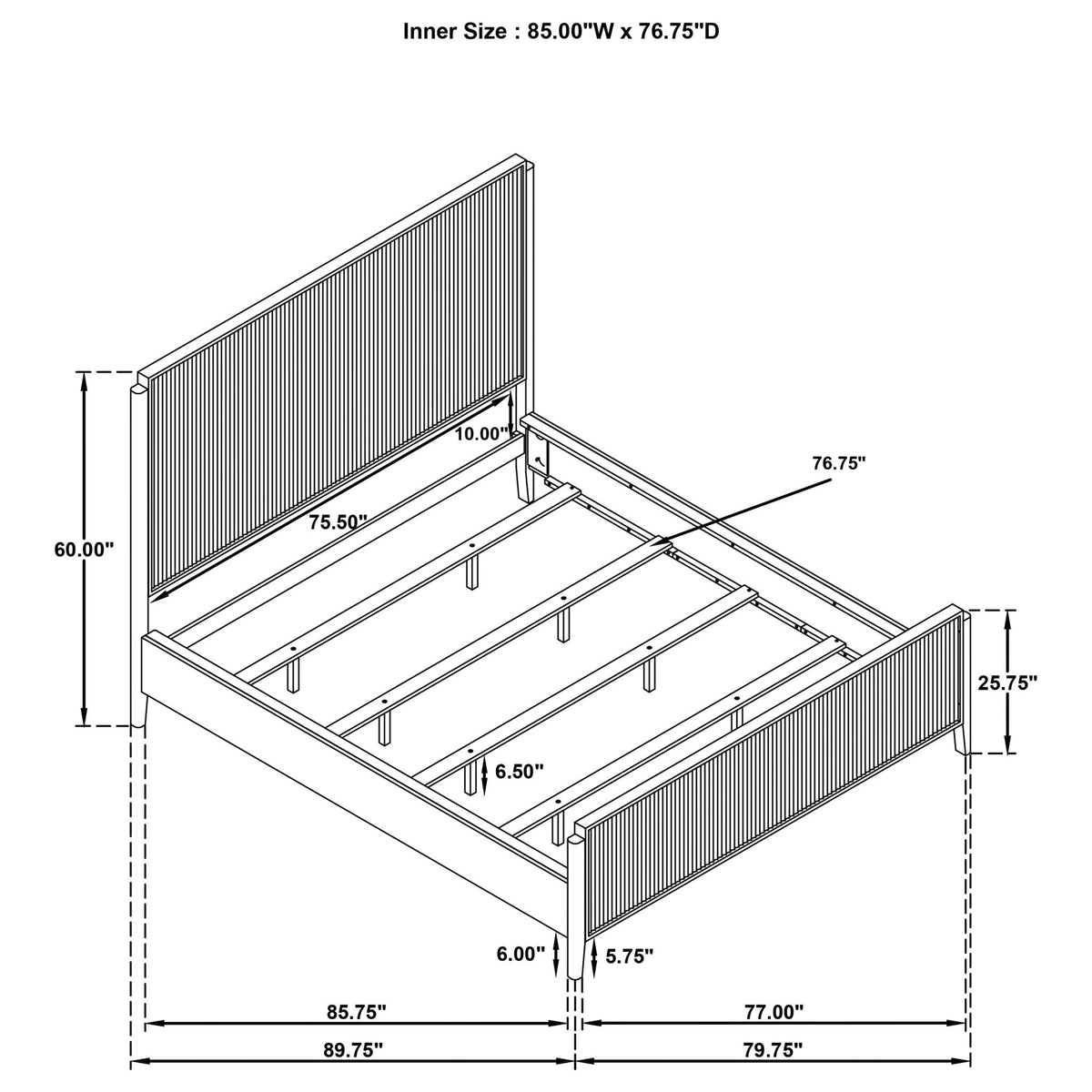 Mason Panel Bed by HouseOfZazla line drawing with slatted headboard and bed rails dimensions on Tampa Home & Garden Store