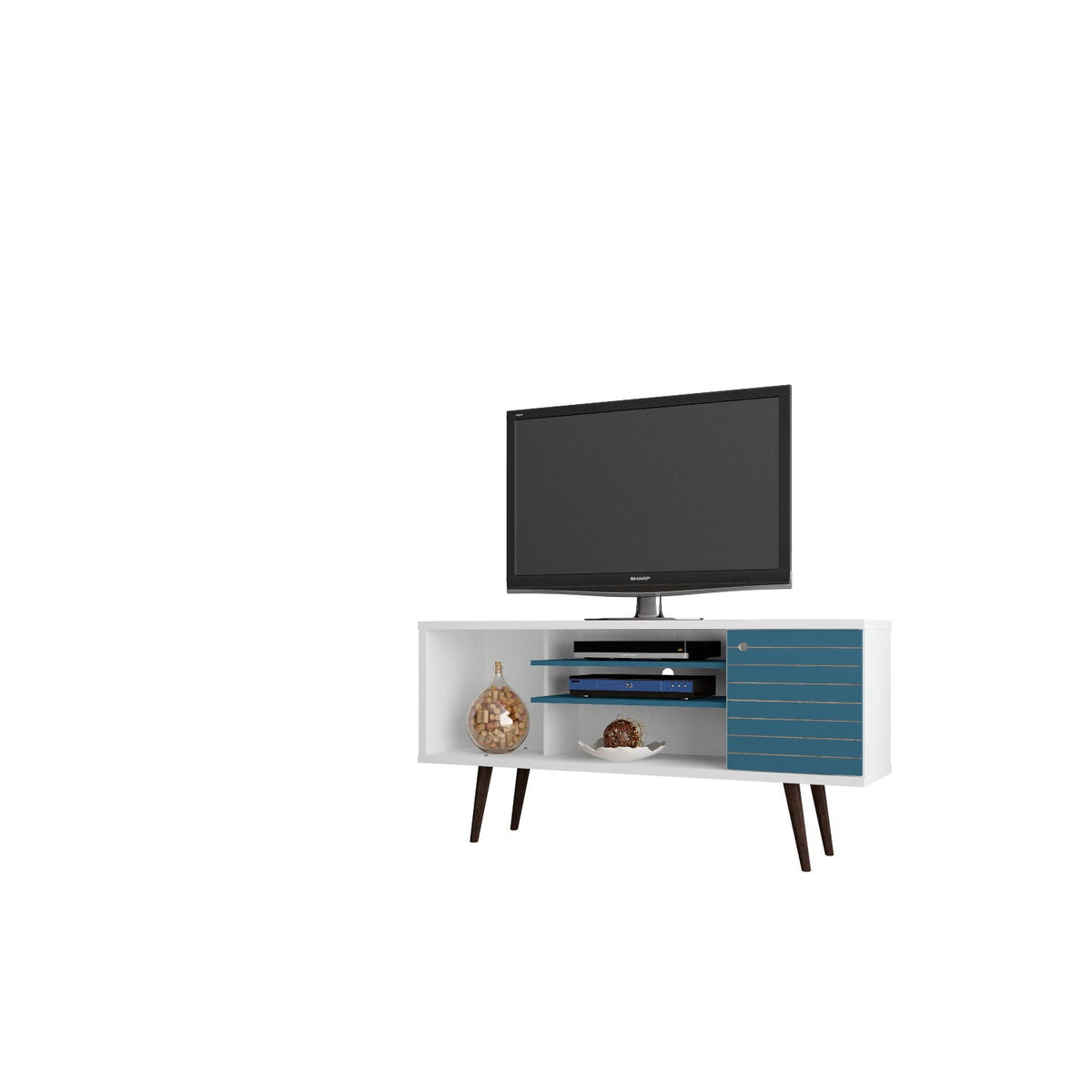 Smart Storage TV Stand with Solid Wood Legs white with blue drawer panel HouseOfZazla on Tampa Home & Garden Store