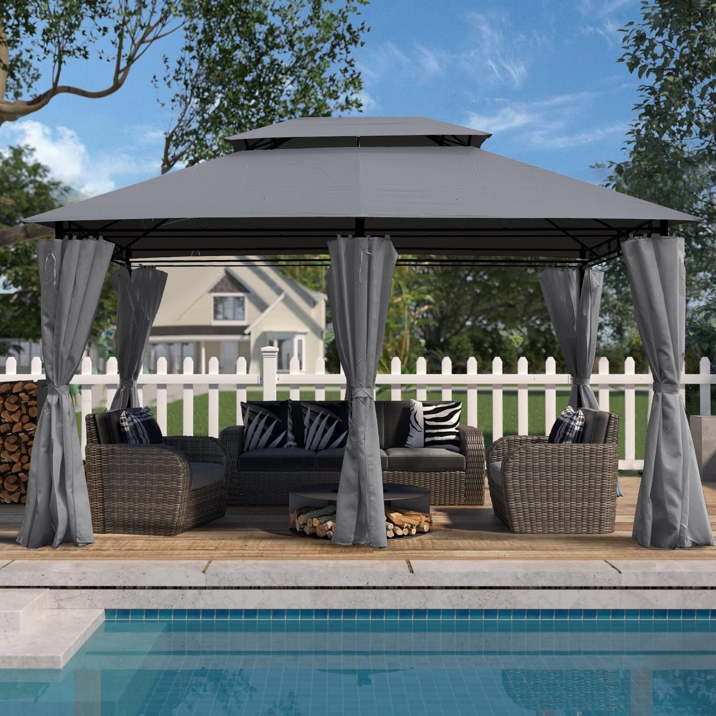 Gazebo canopy tent 13x10 ft by HouseOfZazla with ventilated double roof and side walls, gray on Tampa Home & Garden Store