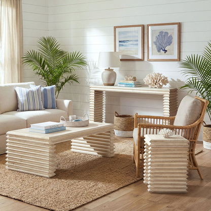 Pair of Geometric Waterfall Console Tables in solid wood with stacked block bases on Tampa Home & Garden Store