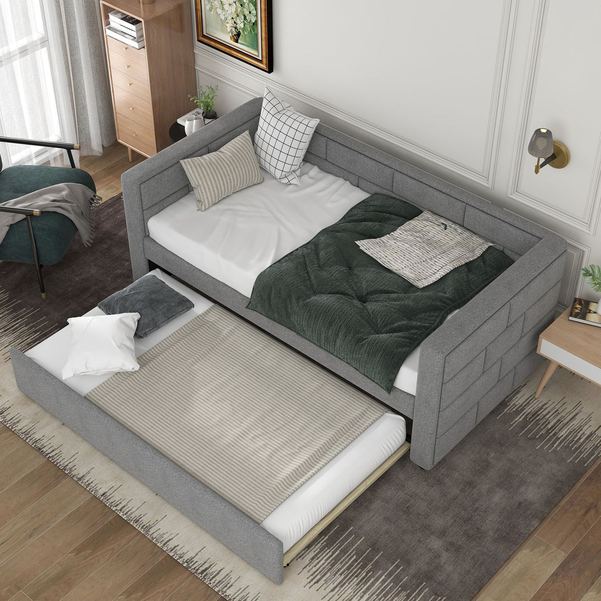 Upholstered twin daybed with trundle in gray fabric, padded back and sides on Tampa Home & Garden Store