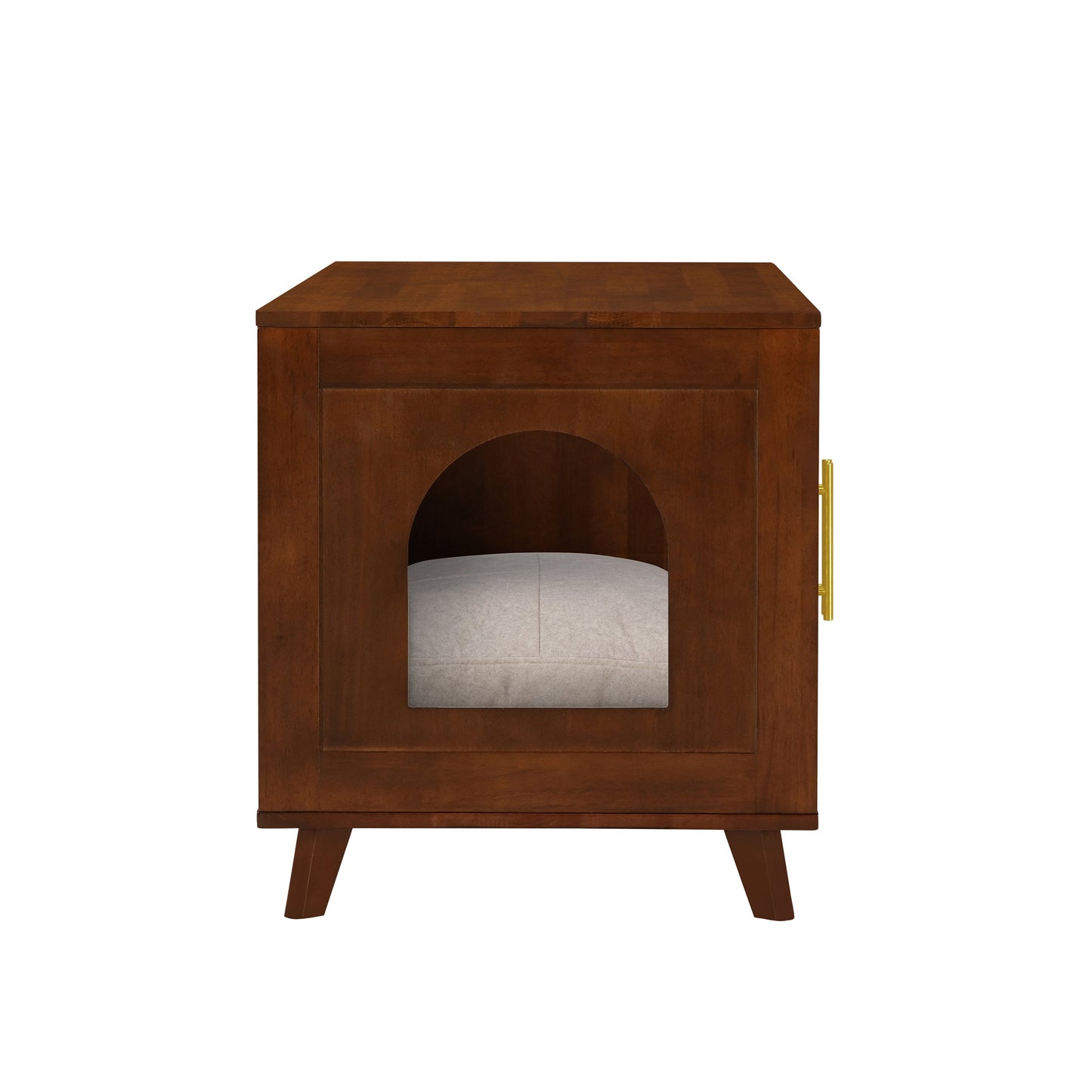Myra Cat Cabinet in rubber wood with cozy grey cushion, circular entrance on Tampa Home & Garden Store