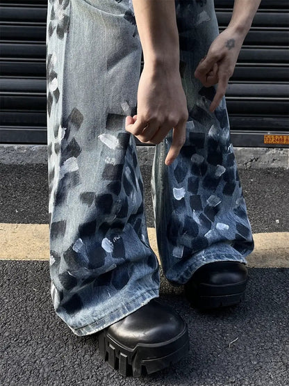 Slightly Flared Wide Leg Jeans FLIPSTYLEZLLC denim with paint pattern black gray wash on Tampa Home & Garden Store