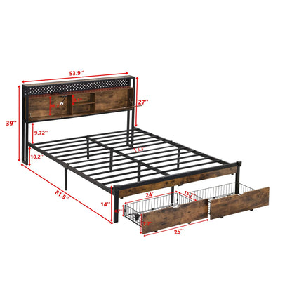 Modern black metal platform bed frame with wooden headboard, USB charging, storage drawers on Tampa Home & Garden Store