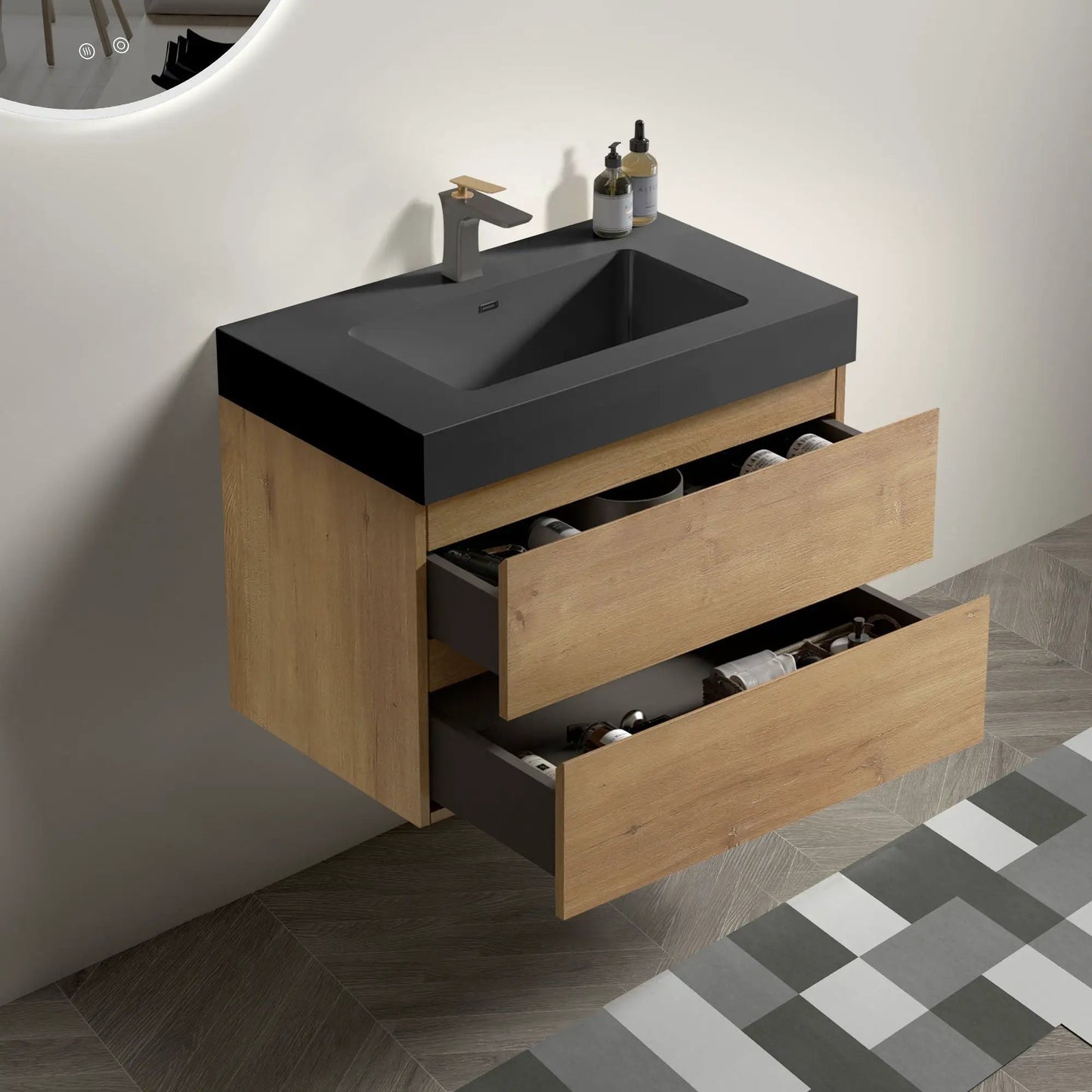 Alice natural oak vanity with sink, floating wall-mounted, one-piece basin, dark gray top on Tampa Home & Garden Store
