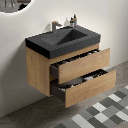 Alice natural oak vanity with sink, floating wall-mounted, one-piece basin, dark gray top on Tampa Home & Garden Store