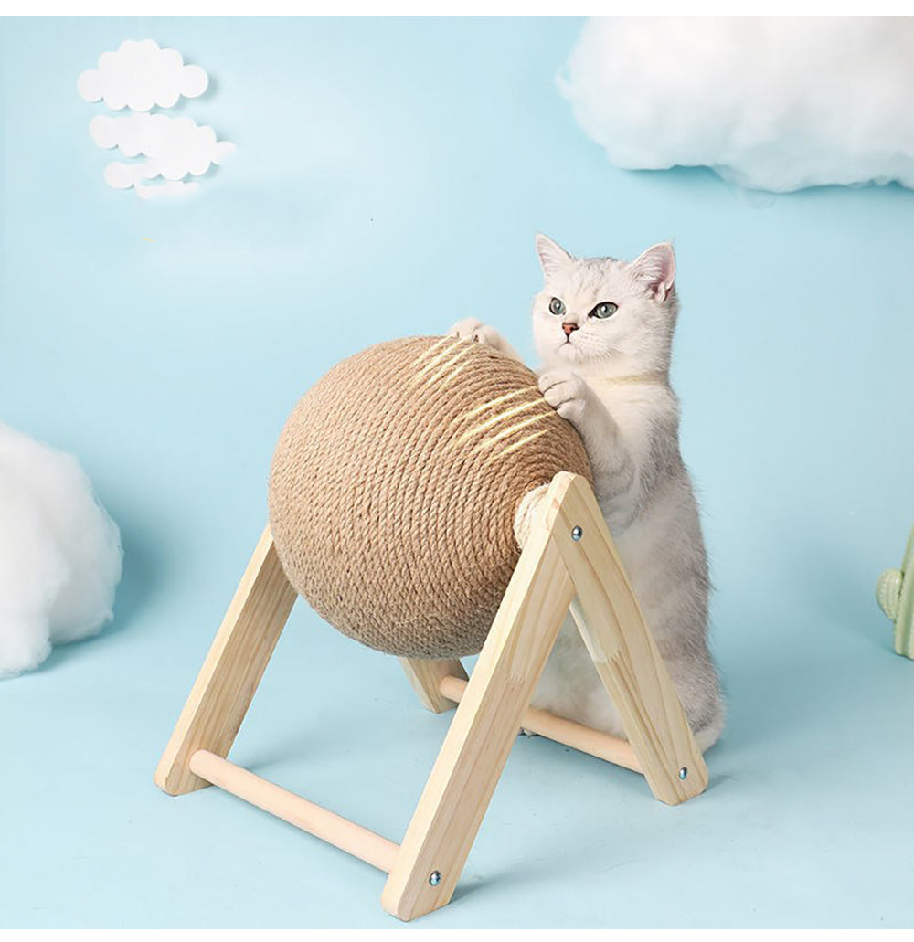 Professional vertical cat toy with a sisal ball on a wooden stand; light wood frame; cat playing on Tampa Home & Garden Store