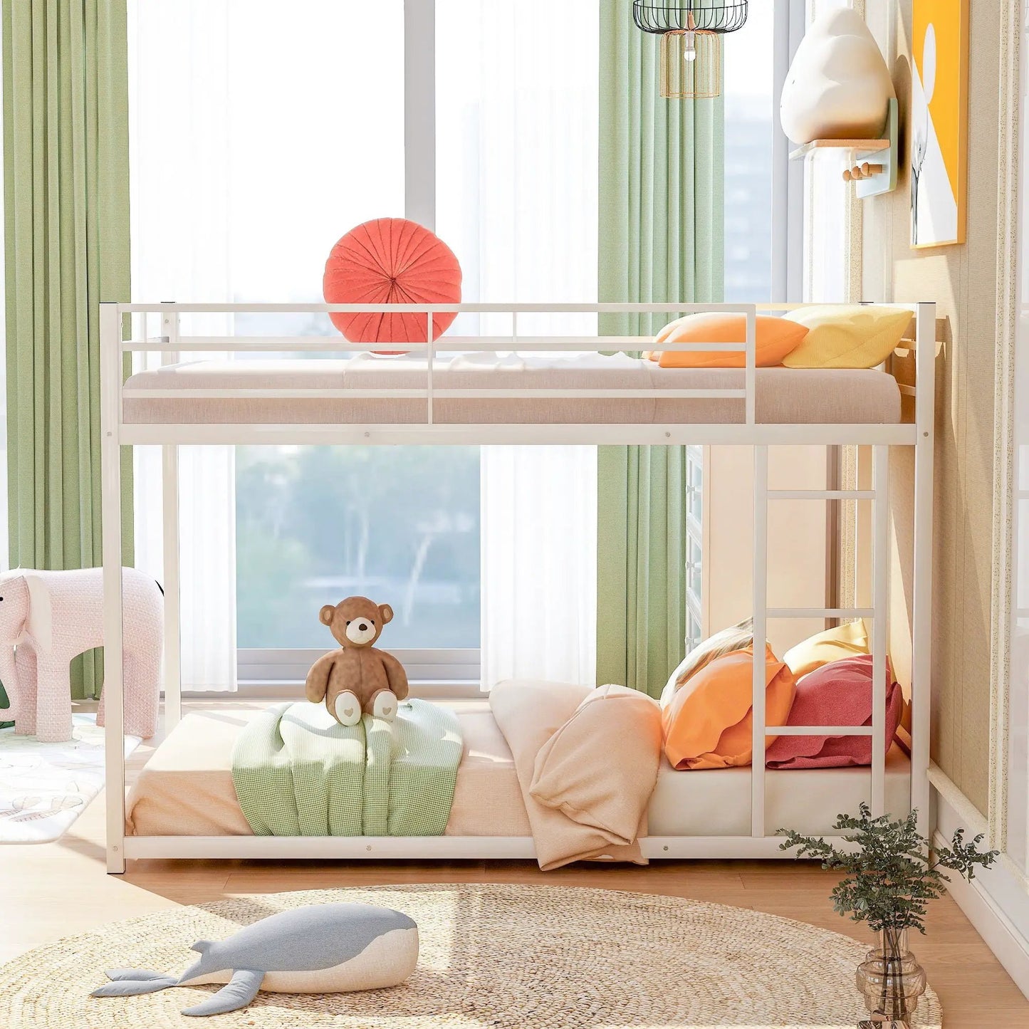 Metal bunk bed low with ladder, white frame in bright kid's room Unique Piece Furniture on Tampa Home & Garden Store