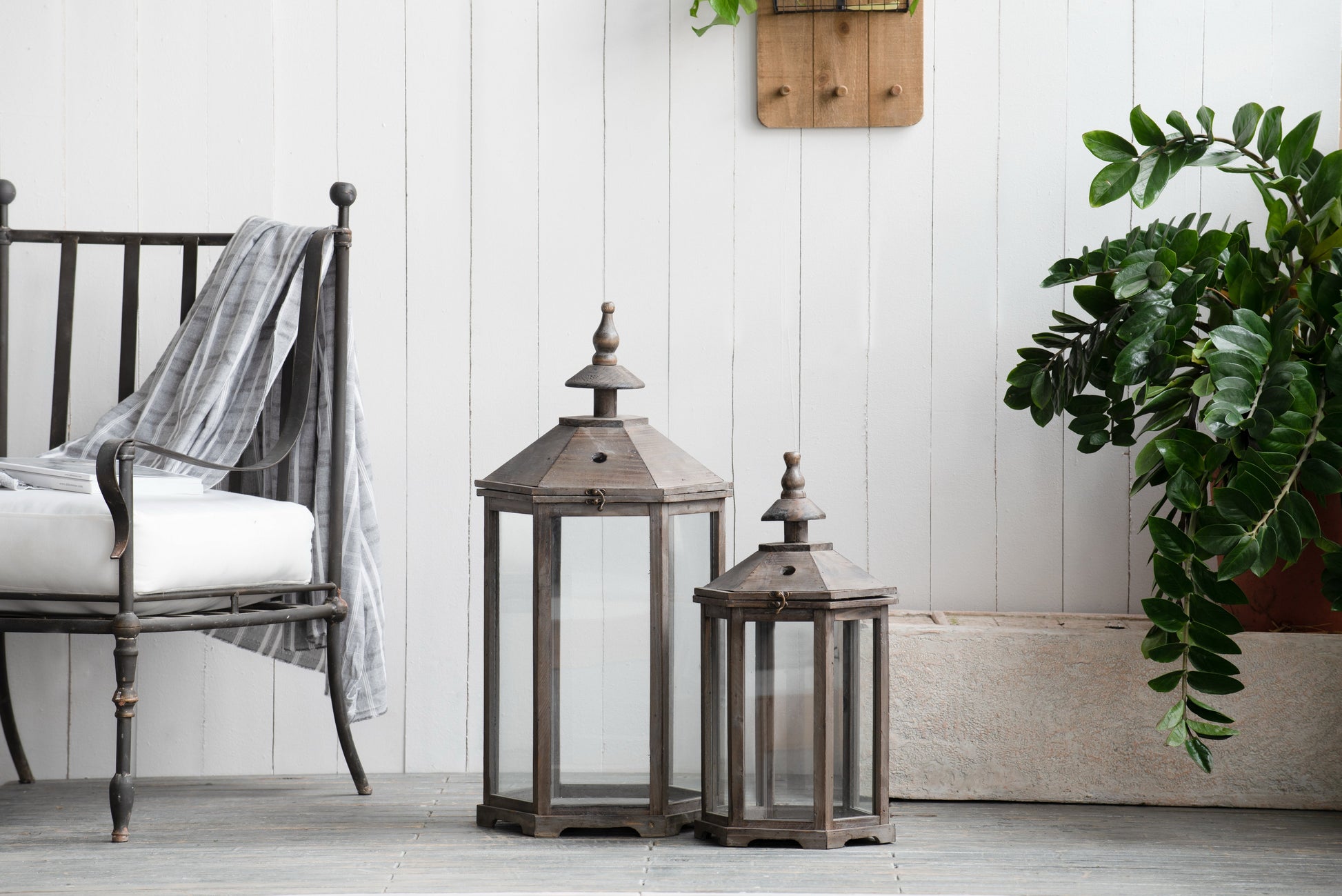 Graca polygon temple garden lanterns, rustic metal frames with glass panels, three lanterns on Tampa Home & Garden Store