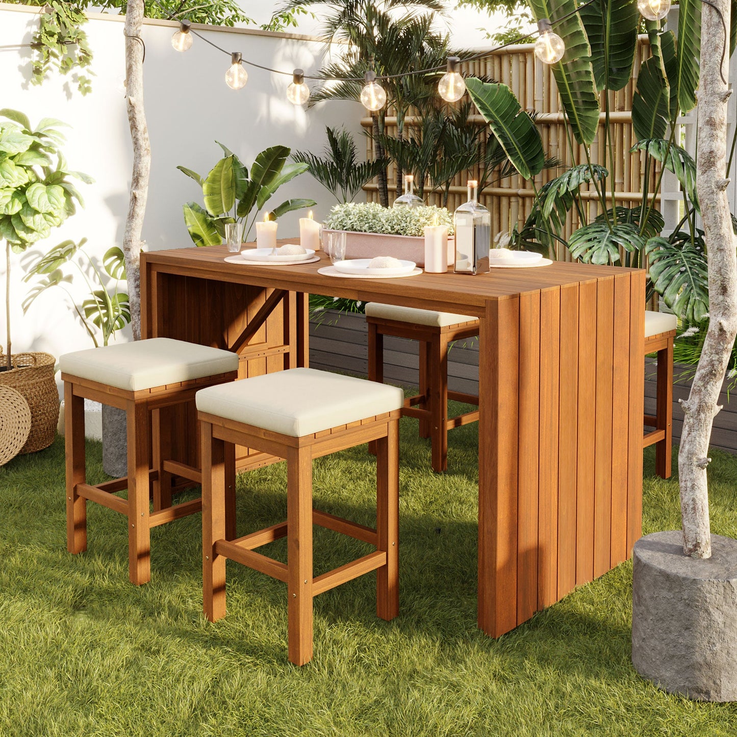 5 Piece Outdoor Bar Set by HouseOfZazla wooden bar table with four cushioned white stools on Tampa Home & Garden Store