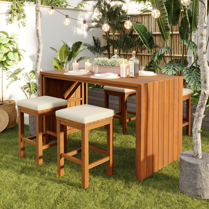 5 Piece Outdoor Bar Set by HouseOfZazla wooden bar table with four cushioned white stools on Tampa Home & Garden Store