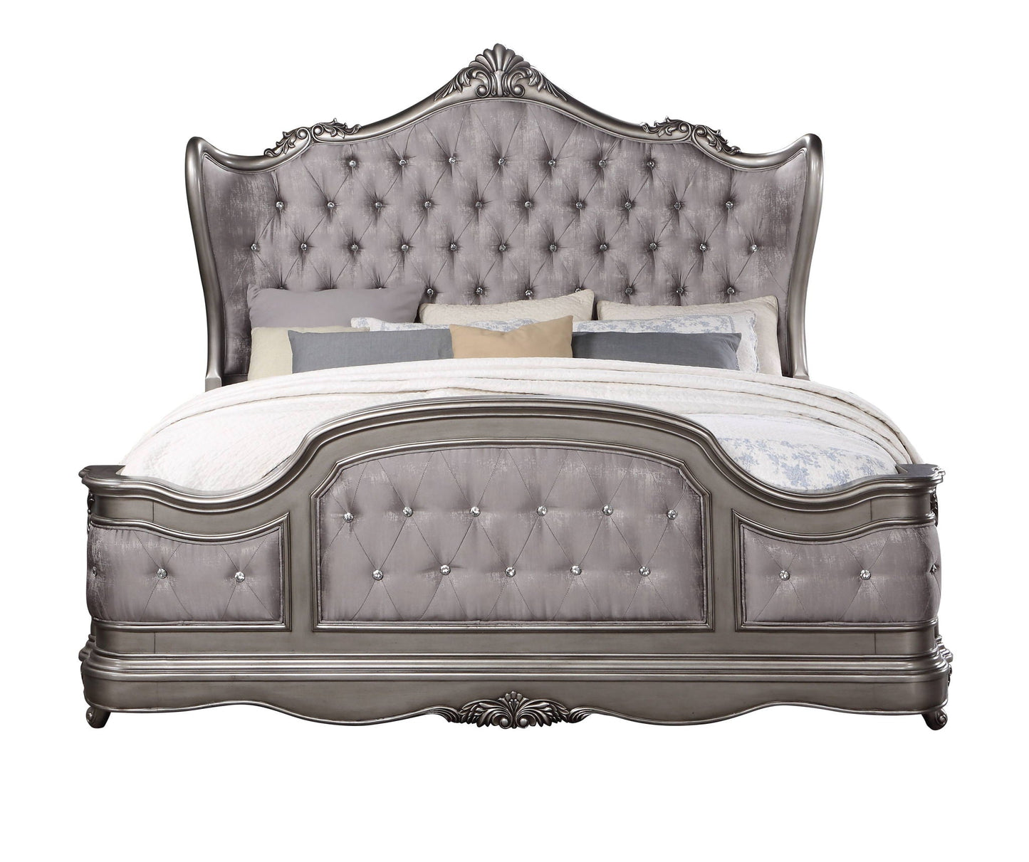 Ariadne upholstered bed with silver tufted headboard and ornate frame HouseOfZazla on Tampa Home & Garden Store