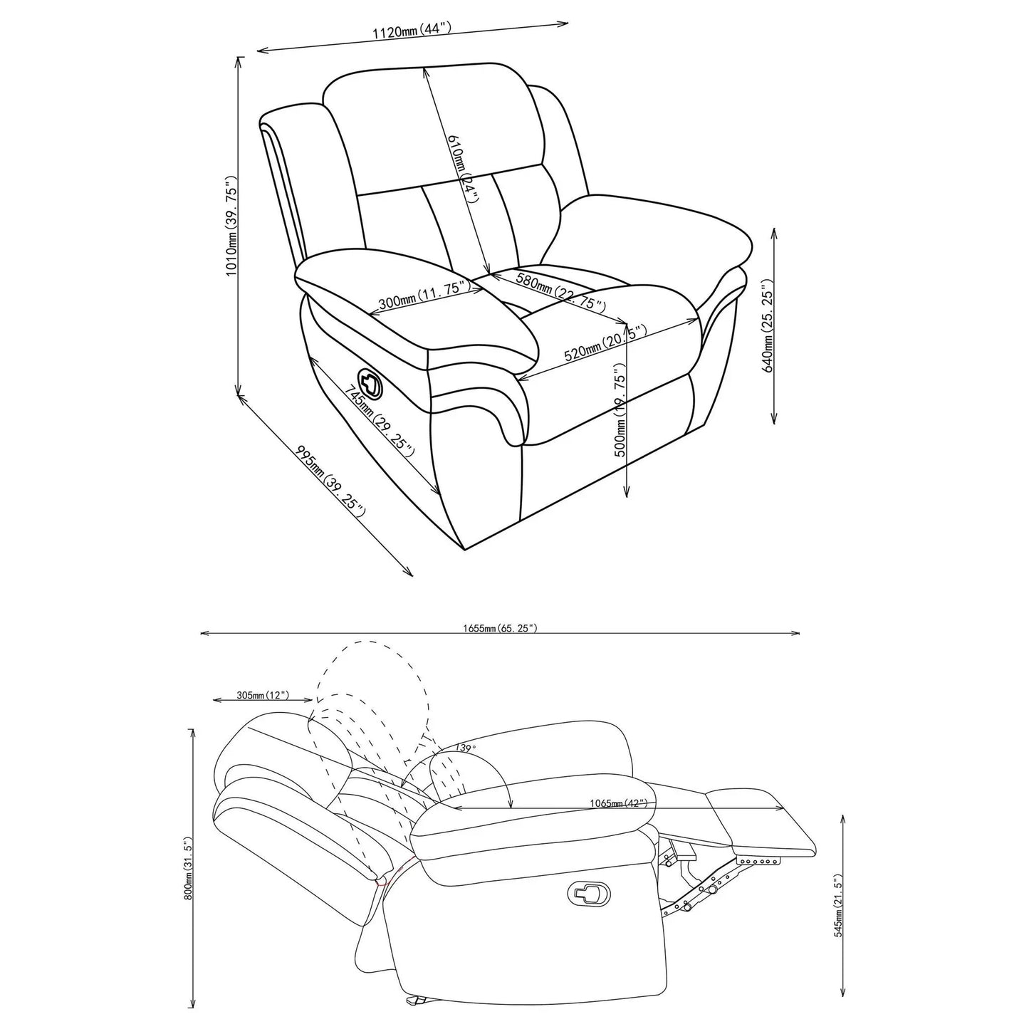 Pannen glider recliner by Unique Piece Furniture, upholstered chair with padded arms and recline on Tampa Home & Garden Store