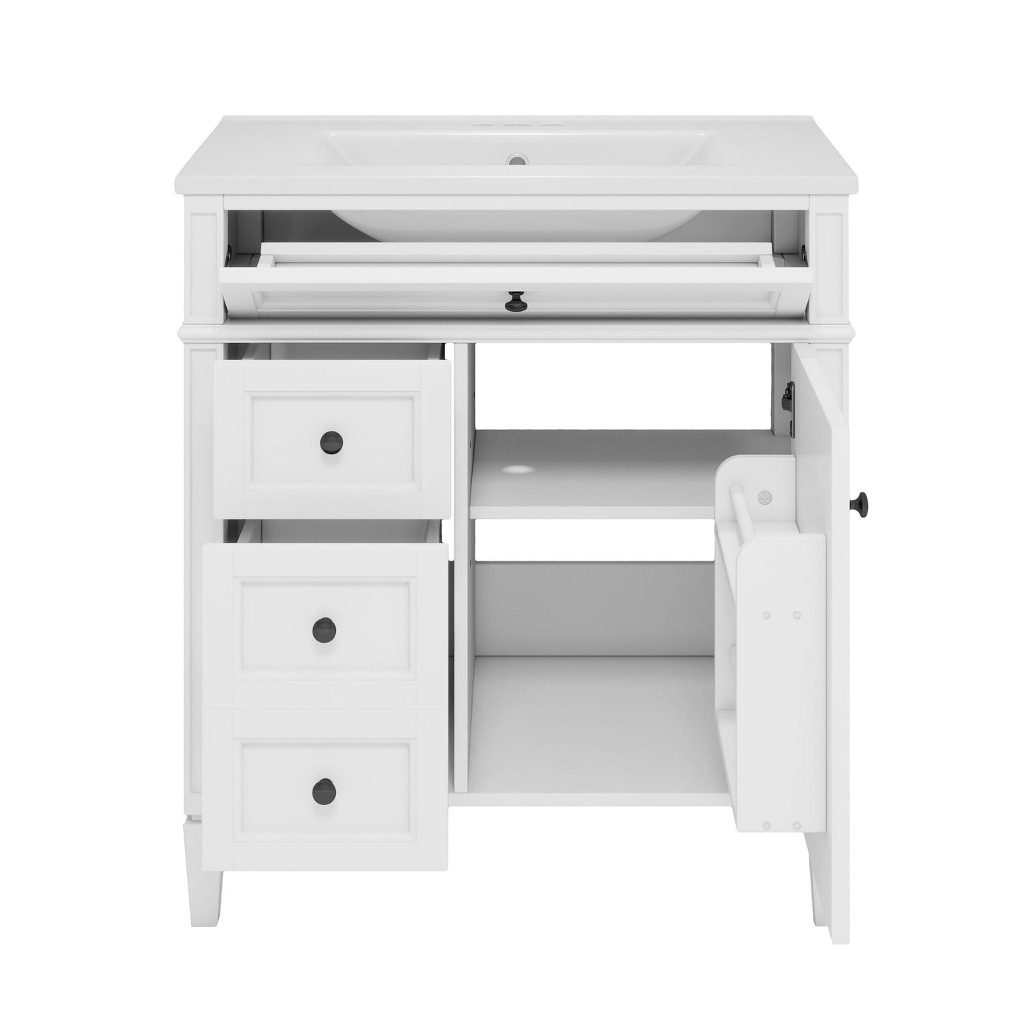 White bathroom vanity with top sink and storage cabinet with 2 drawers and tip-out drawer on Tampa Home & Garden Store