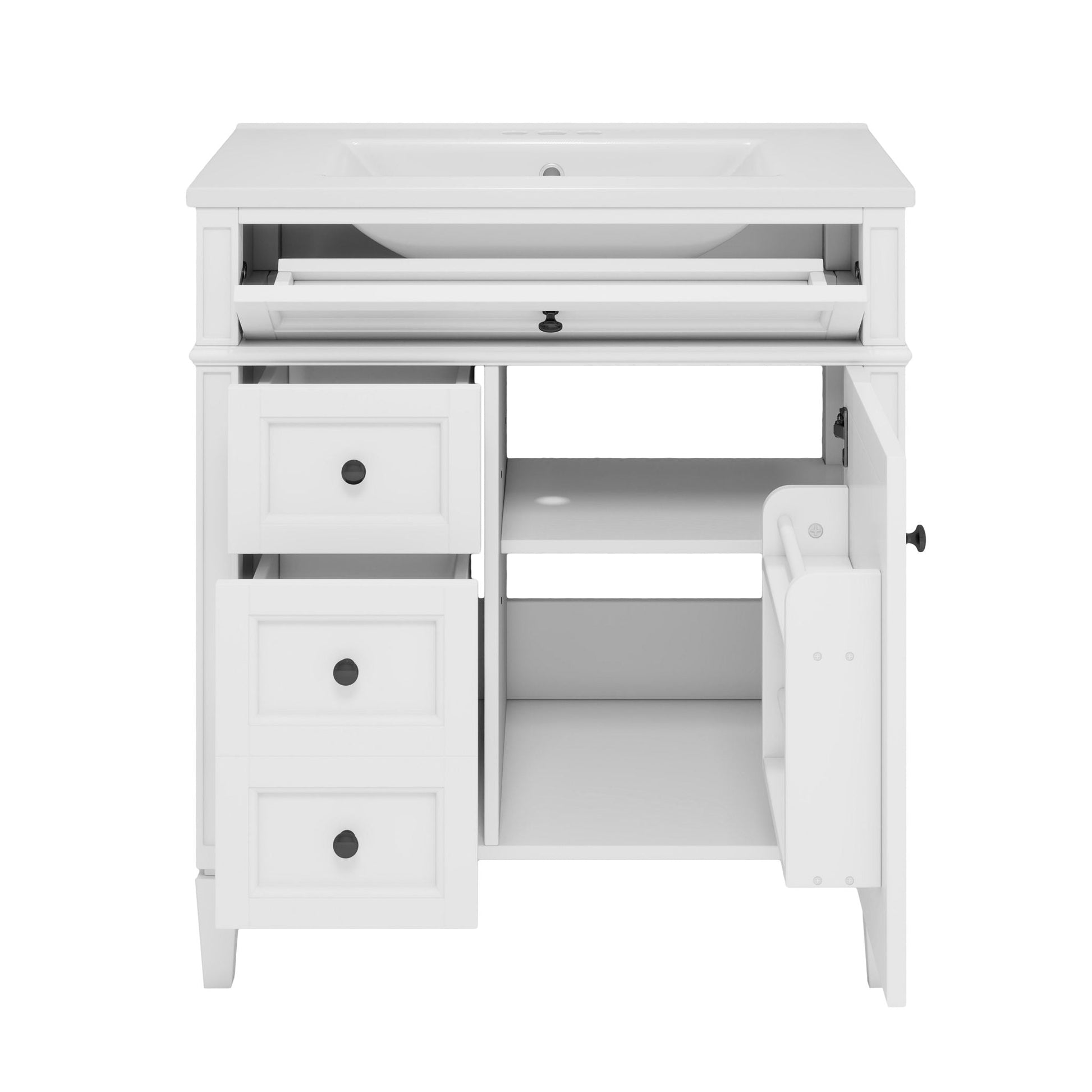 White bathroom vanity with top sink and storage cabinet with 2 drawers and tip-out drawer on Tampa Home & Garden Store