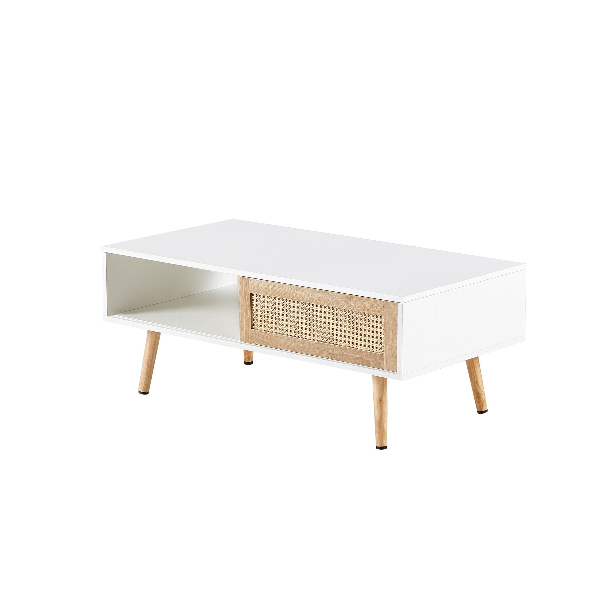 41.34 inch rattan coffee table with sliding storage, white top, natural wood legs on Tampa Home & Garden Store