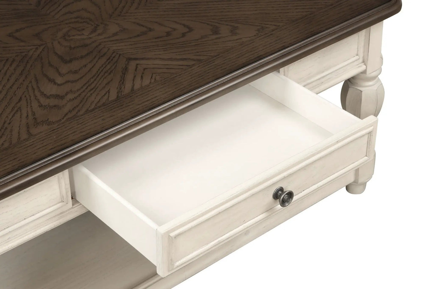 Chairside Table With Storage white base with dark wood top drawer with knobs turned legs on Tampa Home & Garden Store