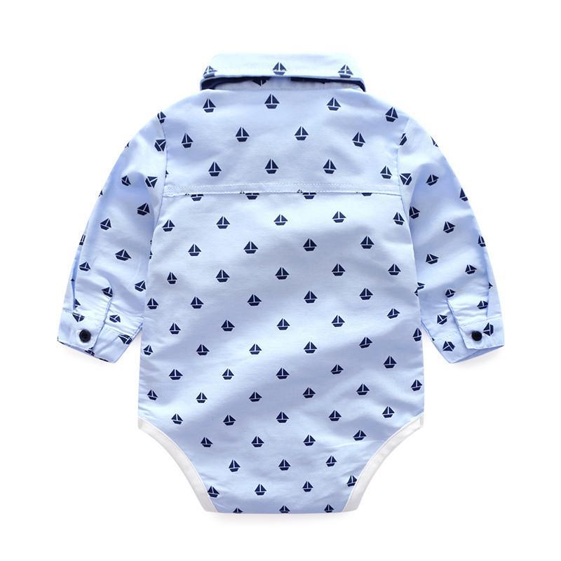 Baby romper Stevvex light blue with navy sailboat print long sleeves on Tampa Home & Garden Store
