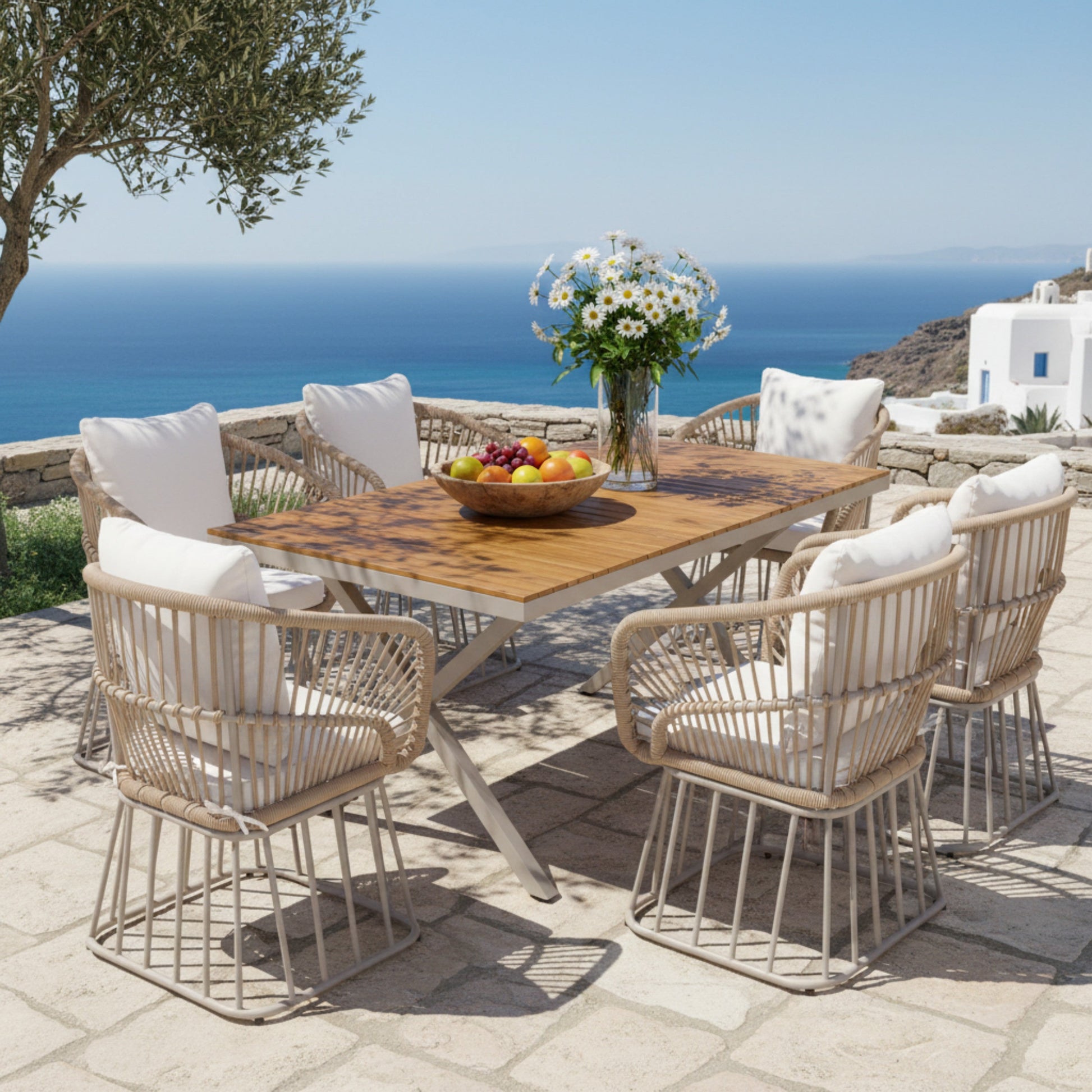 Outdoor 7-Piece Dining Set teak rectangular table with 6 natural wicker chairs on Tampa Home & Garden Store