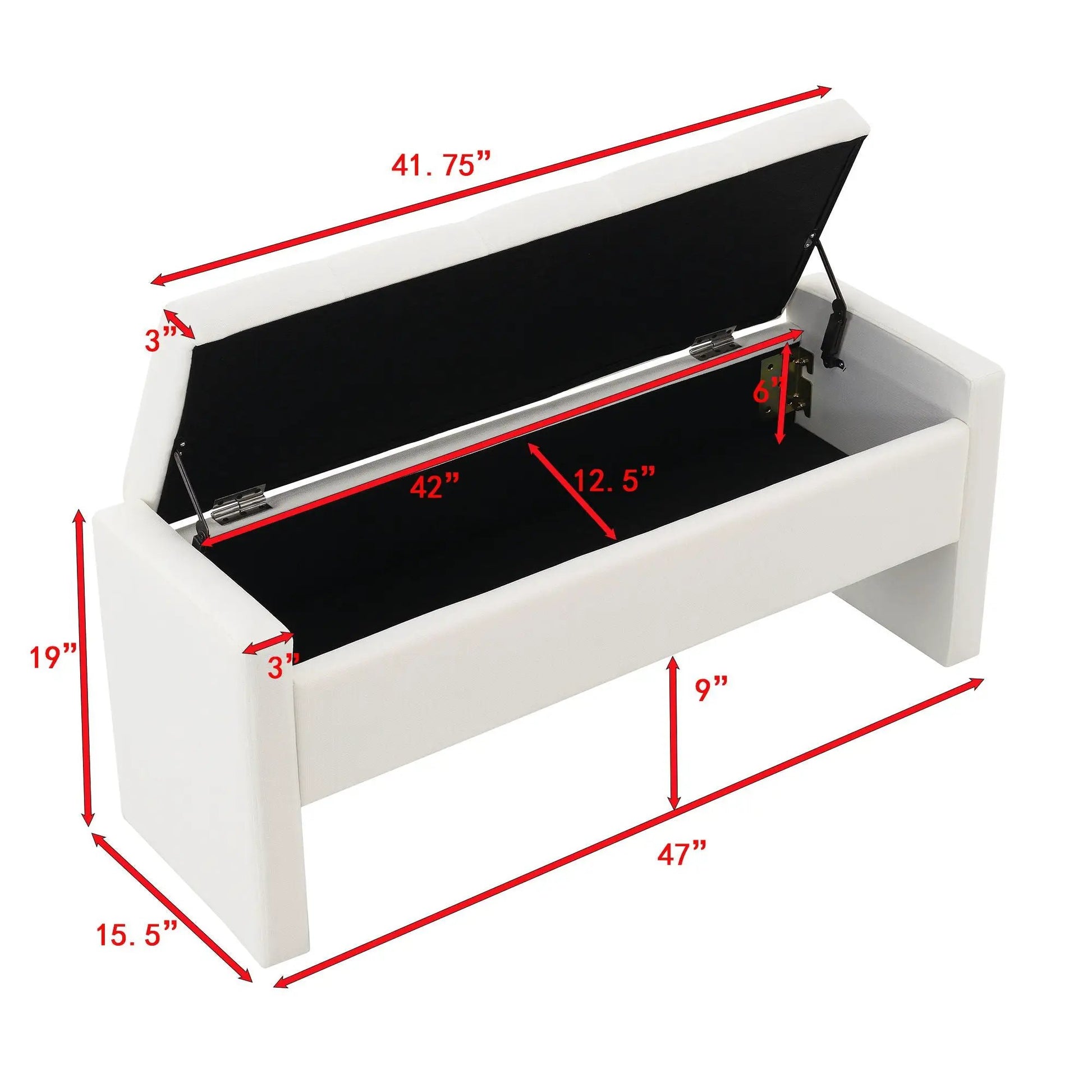Modern upholstered large bed end bench with storage, white lift-top lid, black interior on Tampa Home & Garden Store