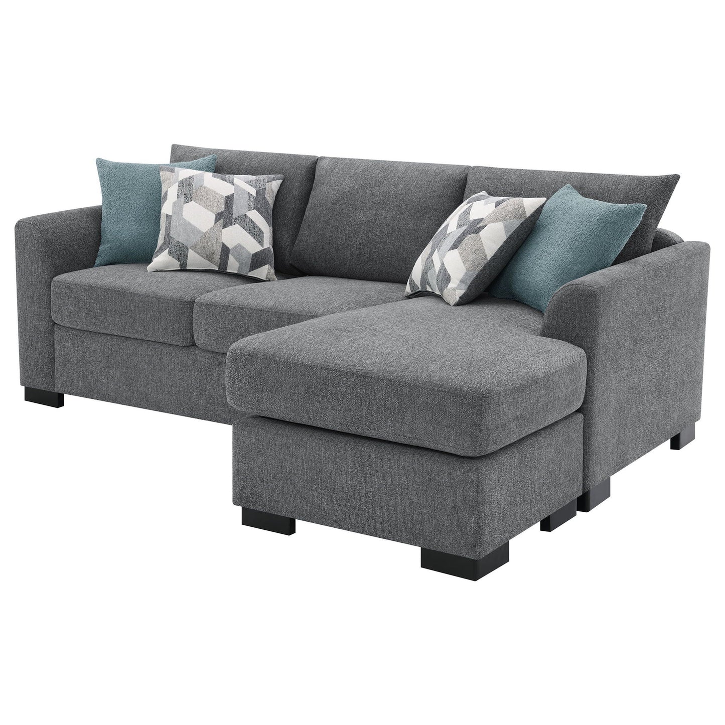 Pacheco Sleeper Sectional Chaise Sofa gray fabric with teal and geometric pillows HouseOfZazla on Tampa Home & Garden Store