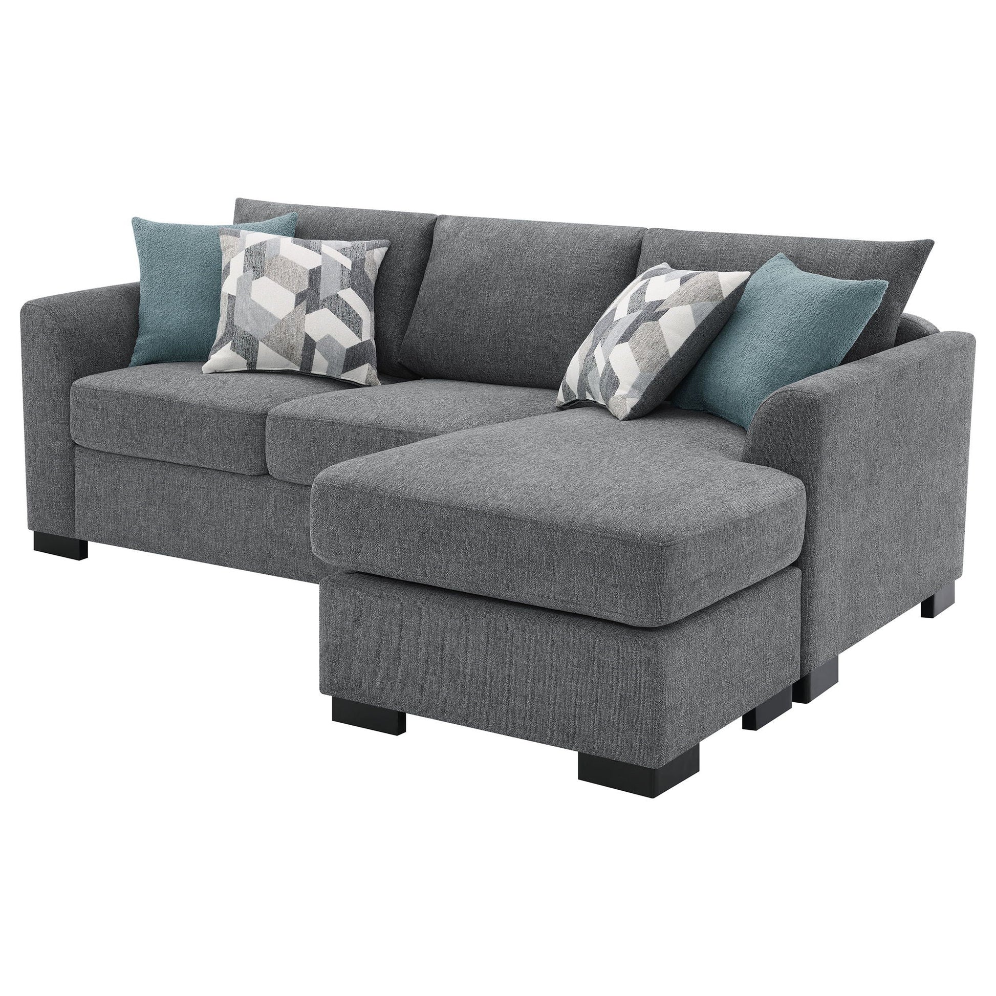 Pacheco Sleeper Sectional Chaise Sofa gray fabric with teal and geometric pillows HouseOfZazla on Tampa Home & Garden Store