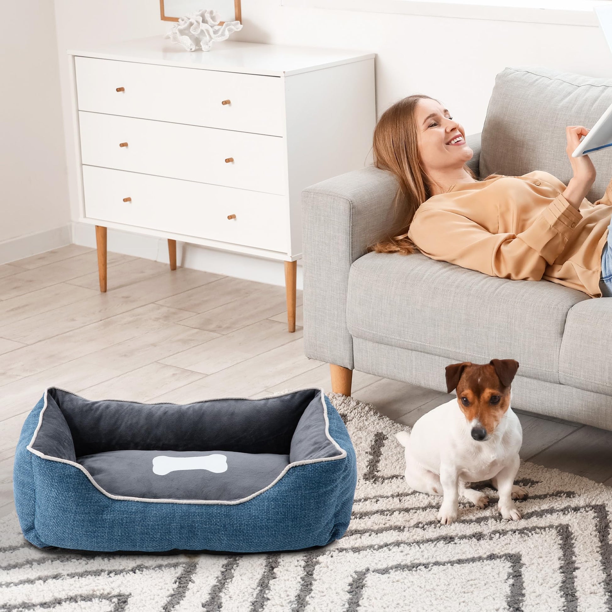 Small Dog Bed with Anti-Slip Bottom and Washable Cover in blue denim with bone emblem; two dogs nearby on Tampa Home & Garden Store