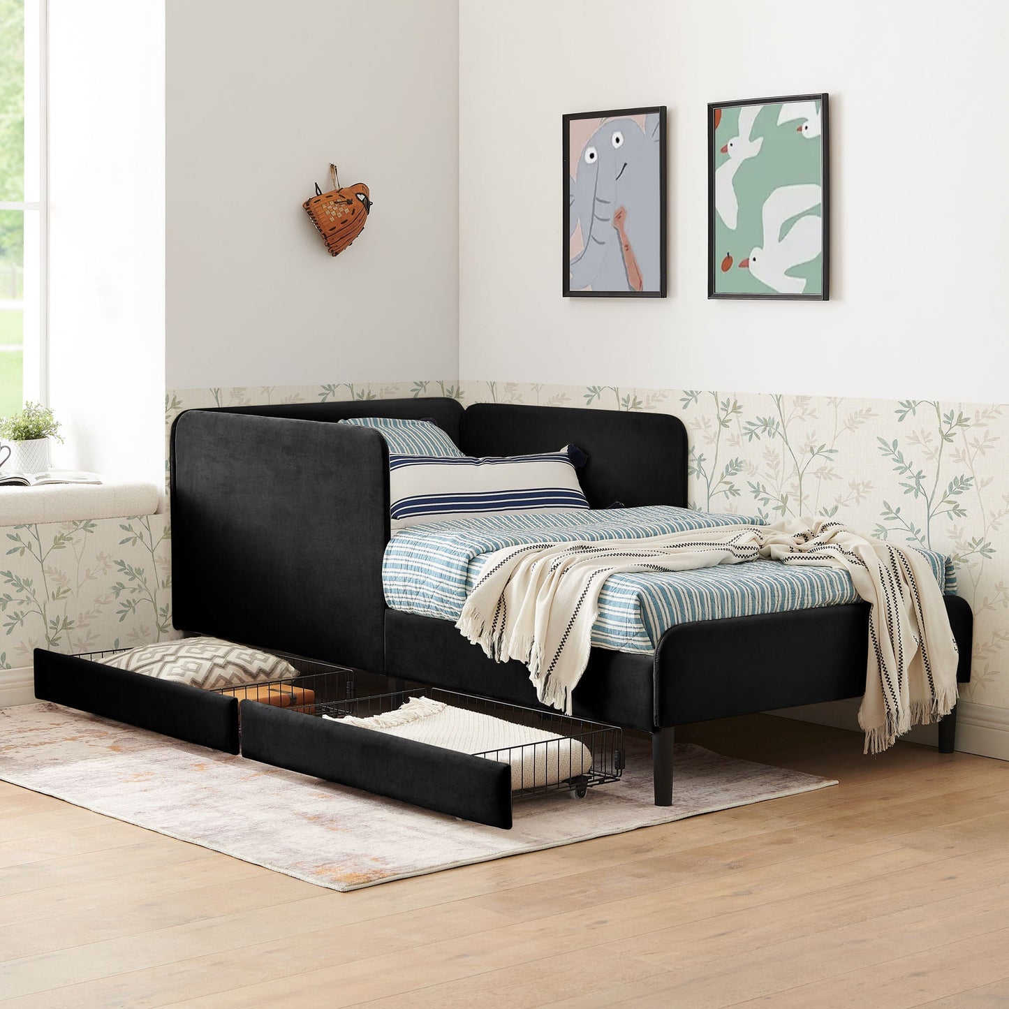 Upholstered Platform Sofa Bed with Drawers