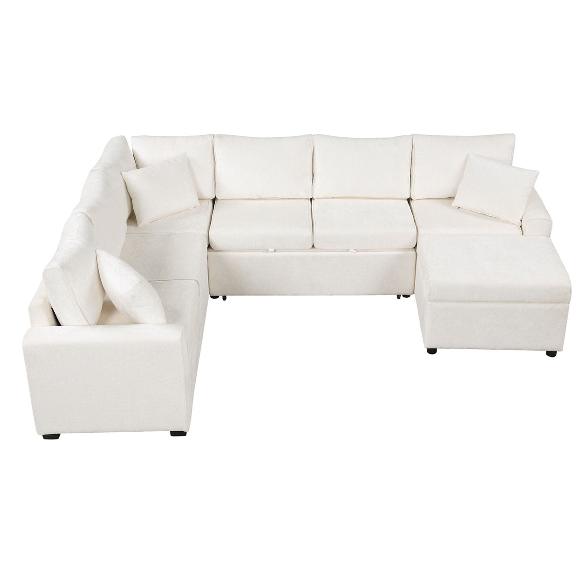 Cream sectional sleeper sofa with storage ottoman and three pillows on Tampa Home & Garden Store