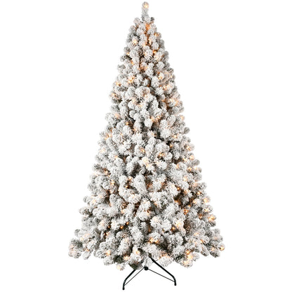 9-Foot Pre-Lit Snow-Flocked Christmas Tree by HouseOfZazla with warm white lights on metal stand on Tampa Home & Garden Store