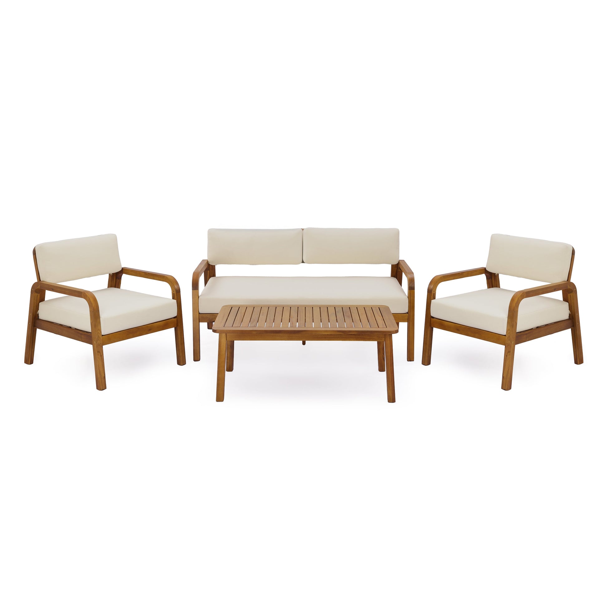 HouseOfZazla teak outdoor 4pc sofa set with cream cushions; includes 2 chairs and loveseat on Tampa Home & Garden Store