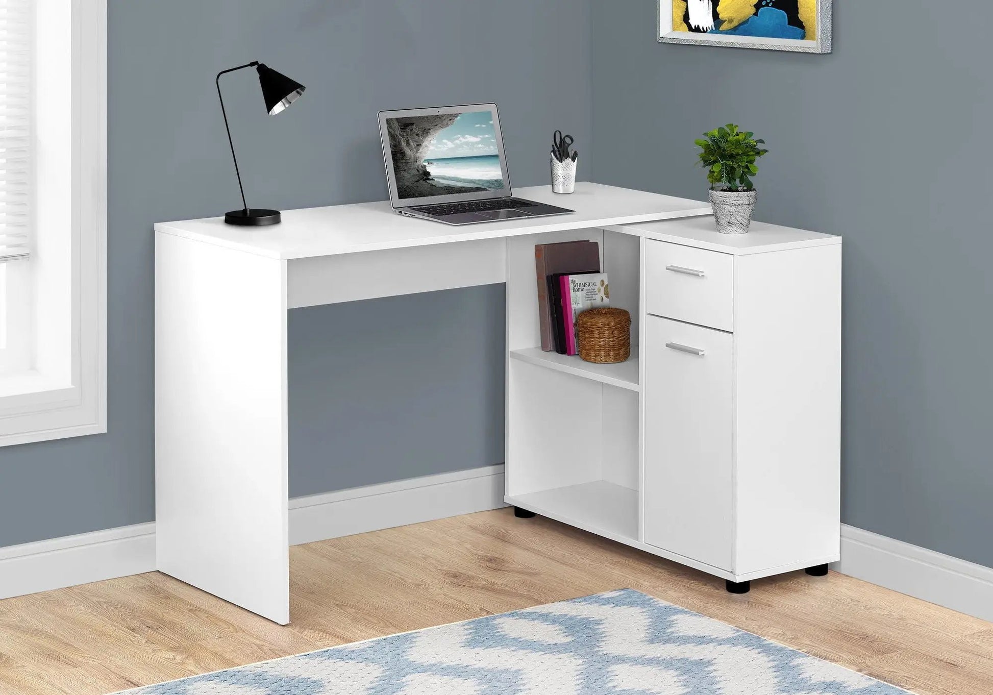 White L-shaped corner desk with right-side storage drawers, open shelf, laptop on Tampa Home & Garden Store