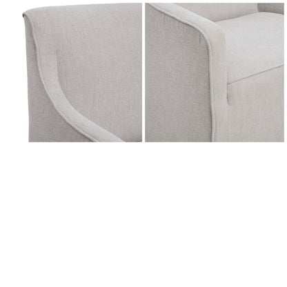 Traditional skirted dining arm chair in gray beige textured fabric with curved padded arm on Tampa Home & Garden Store
