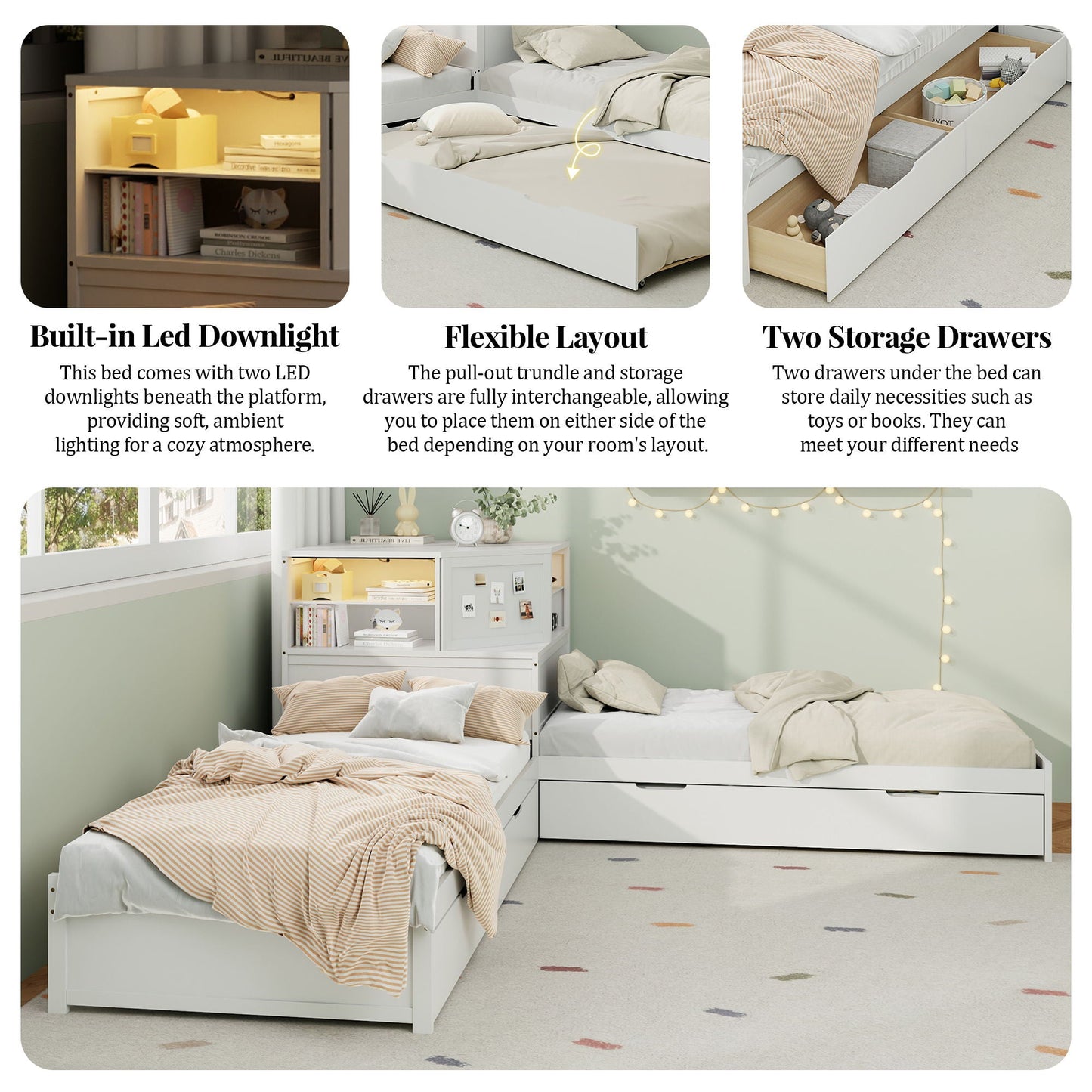 Compact L Shaped Bed Frame with Trundle and Desk