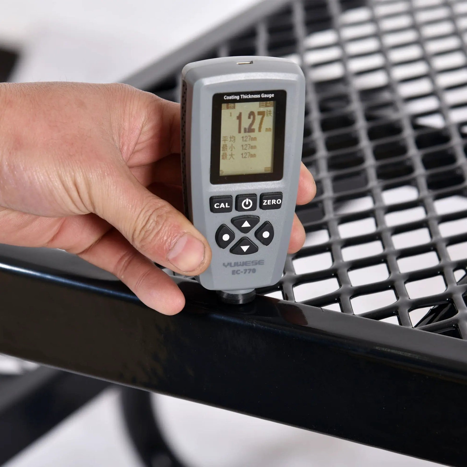 Square Outdoor Steel Picnic Table with Umbrella Pole measured by coating thickness gauge on Tampa Home & Garden Store