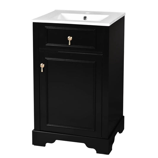 Bathroom vanity in black with white ceramic sink top and brass hardware on Tampa Home & Garden Store