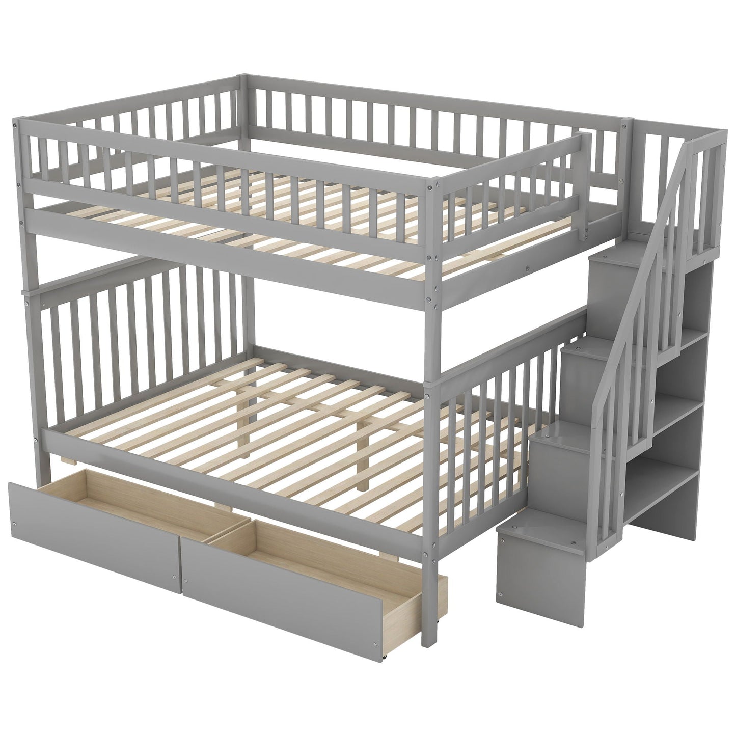 Bunk Bed With Staircase grey frame, guard rails, top and bottom bunks, wood slats, drawers on Tampa Home & Garden Store