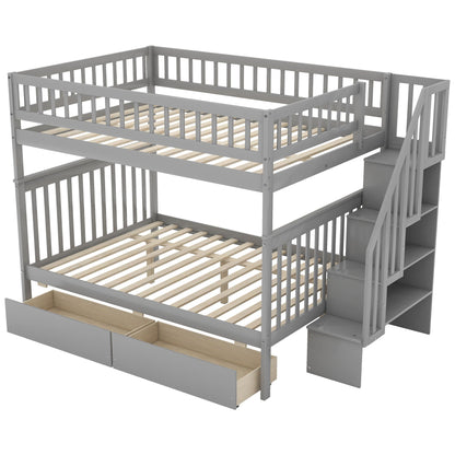 Bunk Bed With Staircase grey frame, guard rails, top and bottom bunks, wood slats, drawers on Tampa Home & Garden Store