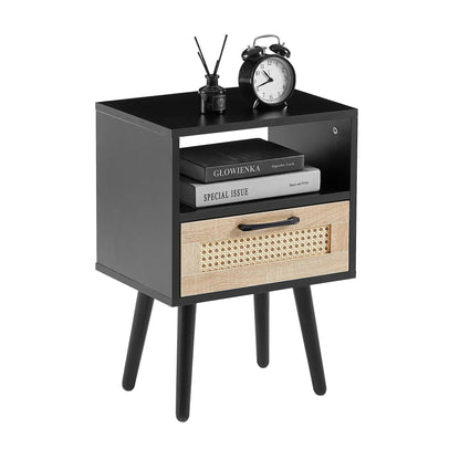 15.75in rattan end table with drawer, black top, woven cane front, solid wood legs on Tampa Home & Garden Store