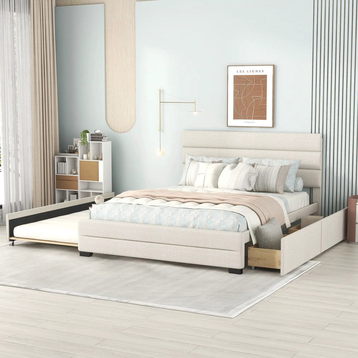 Beige queen platform bed with twin trundle and 2 storage drawers by Unique Piece Furniture on Tampa Home & Garden Store