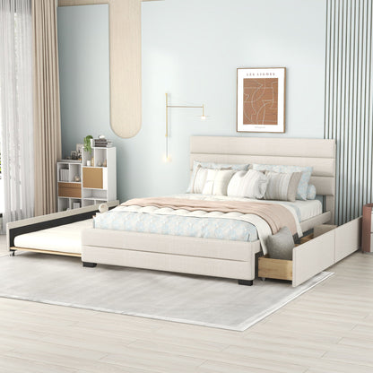Queen platform bed beige fabric with twin trundle and two storage drawers HouseOfZazla on Tampa Home & Garden Store