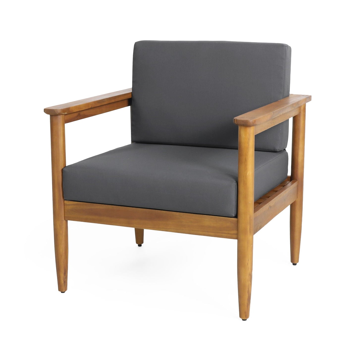 Outdoor club chair with teak acacia wood frame and dark gray cushions by HouseOfZazla on Tampa Home & Garden Store