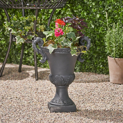 Delphine Urn Planter by HouseOfZazla in dark charcoal metal with ornate scrollwork on Tampa Home & Garden Store